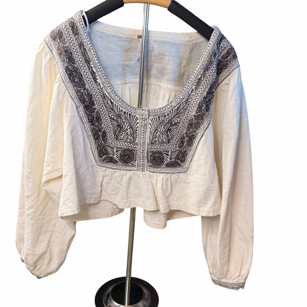 Free People Cream Blouse with  Floral Black Embroidery - Picture 3 of 9